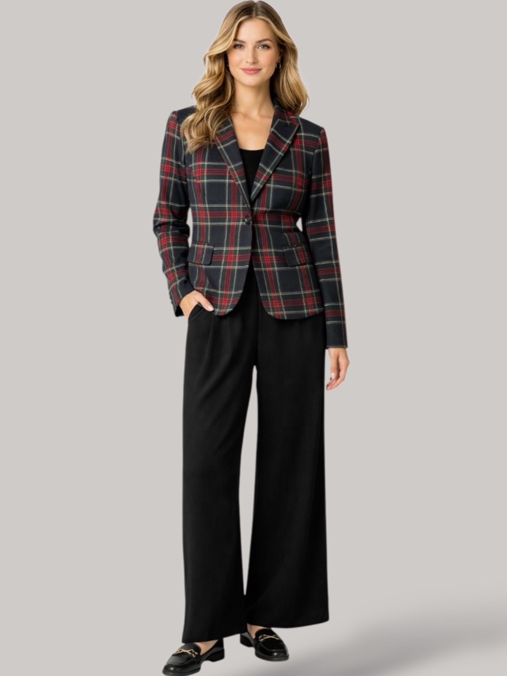 STILE BENETTON Poly Viscose Blend One Button Tartan Blazer Front Pockets US Sz 8